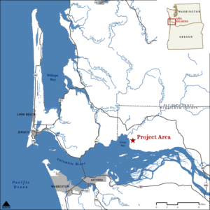 Crooked Creek drains into the eastern edge of Grays Bay in Wahkiakum County