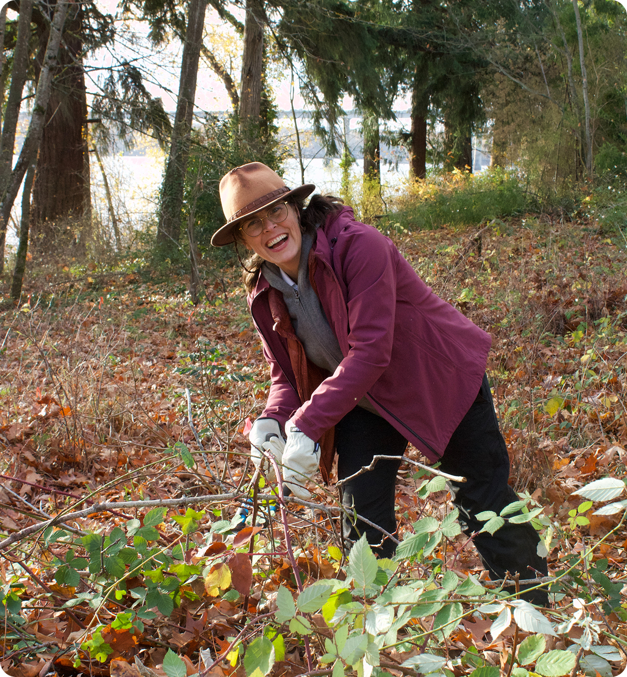 Person smiling while clearing branches in a forested area during autumn.