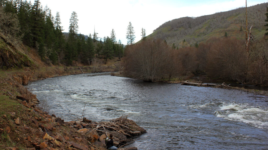 a person in jeans and a sweatshirt sits on a rock and looks out aross a river with some small riffles