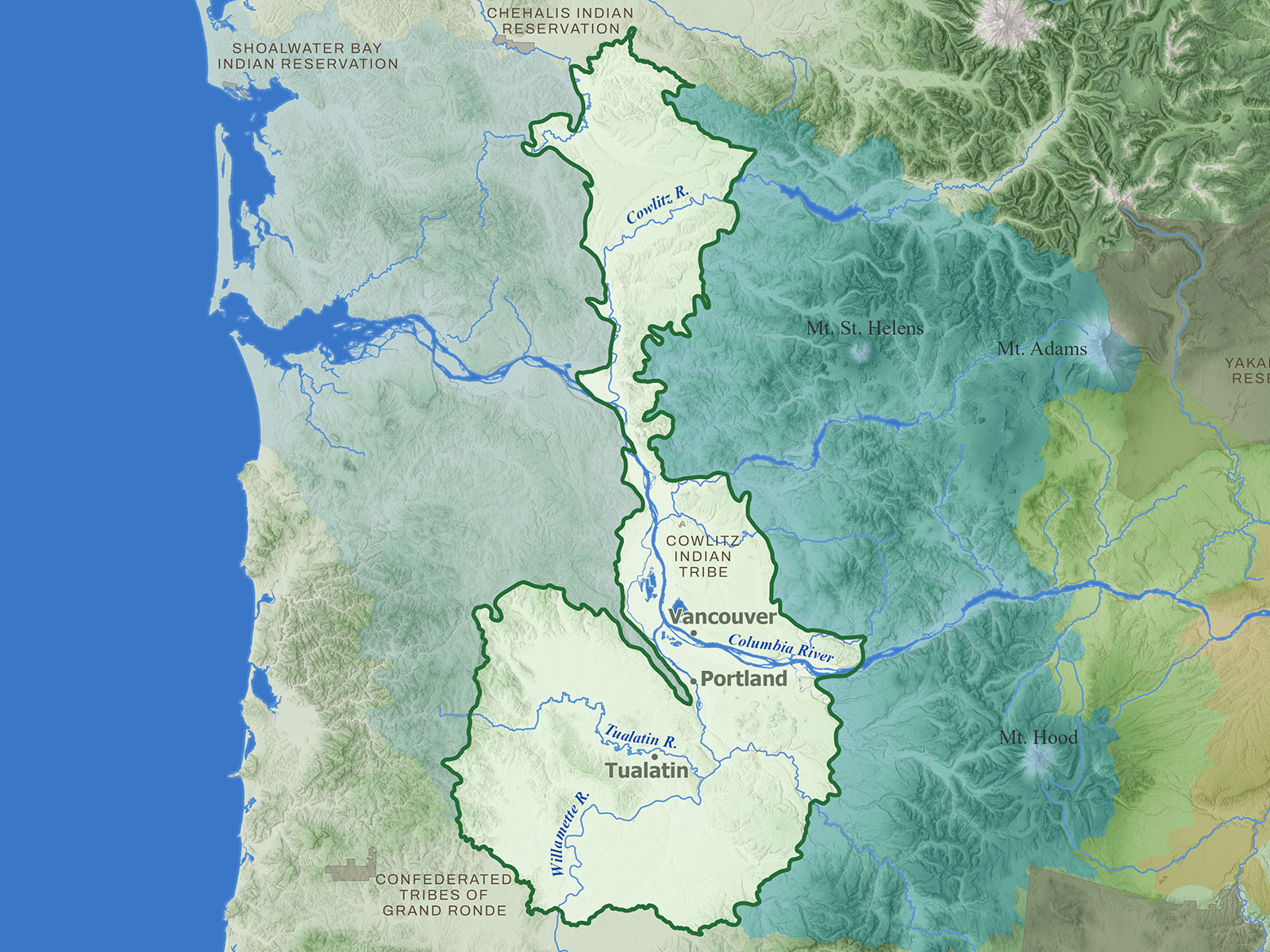Map of Columbia Land Trust's service area in the Willamette Valley and Puget Trough