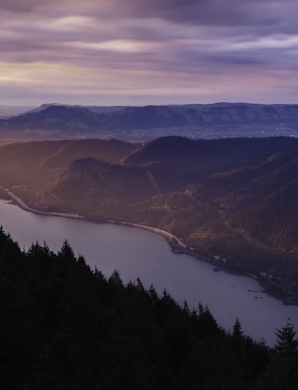 a sunset blue and purple view of the Columbia River